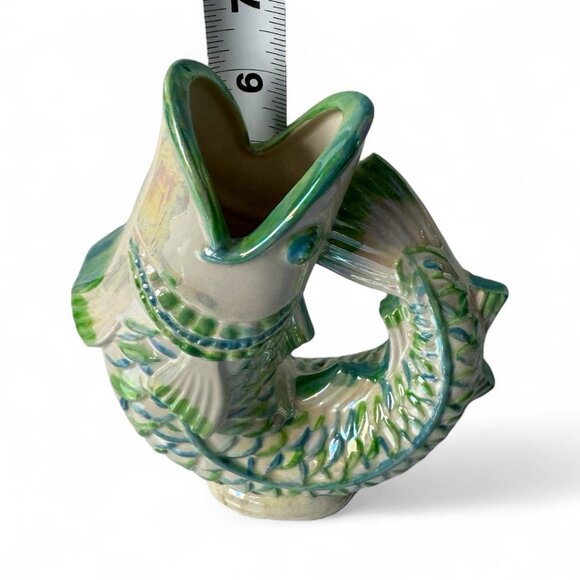 Vtg Studio Pottery 6” Gurgling Fish Vase Green Iredescent Finish Signed 1970s - Picture 9 of 9